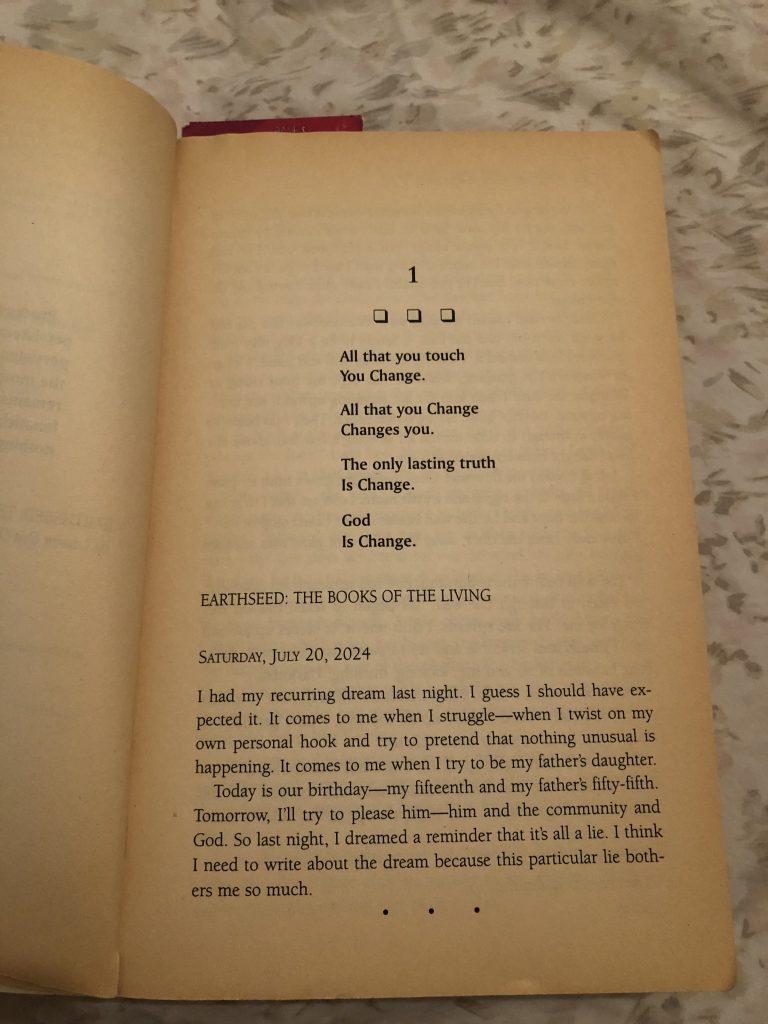 1st page of Octavia Butler's book The Parable and the Sower. The date entered is the date of this blog post which is Saturday July 20 2024