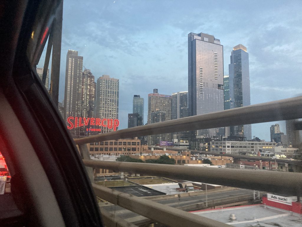 View of the SilverCup sign from the Bridge driving into Brooklyn from Manhattan