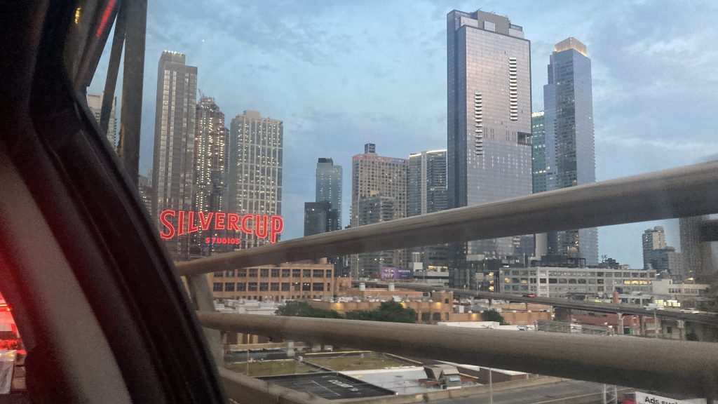 View of the SilverCup sign from the Bridge driving into Brooklyn from Manhattan